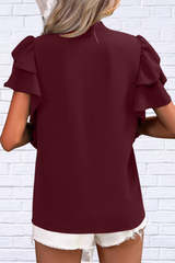 Ruffled Notched Short Sleeve Blouse