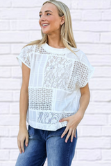 White Lace Patchwork Short Sleeve Top and Cami Set