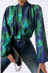 Tie-Dye Navy and Green Button Up Balloon Sleeve Blouse