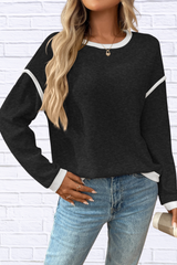 Ribbed Contrast Trim Long Sleeve Top