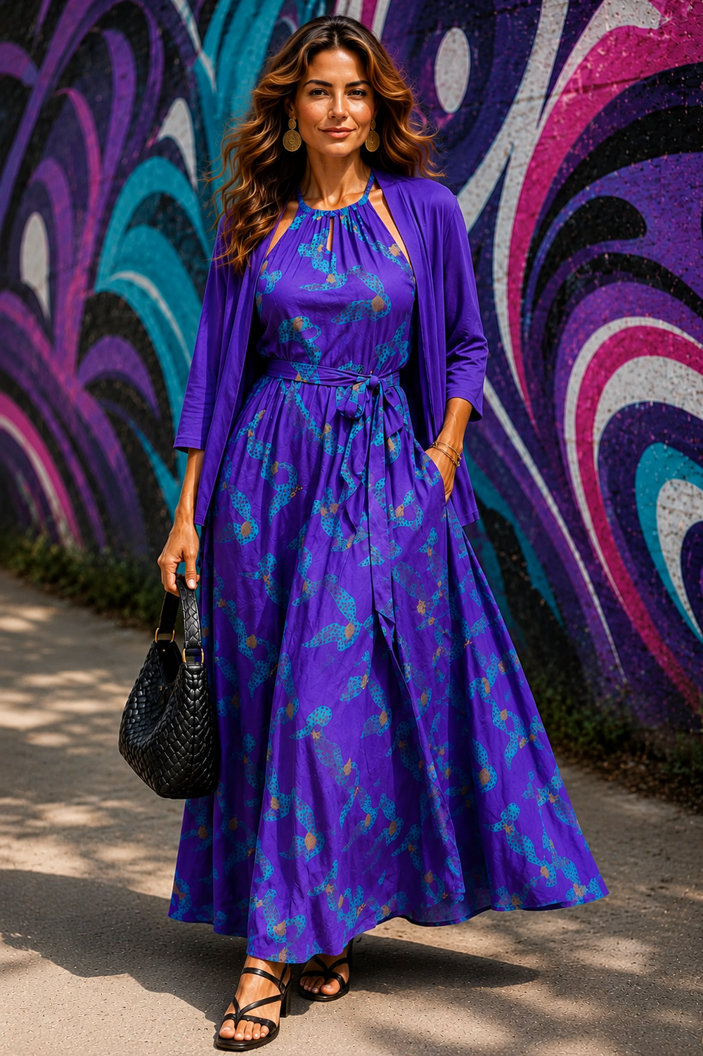 Purple Printed Maxi Dress for Women with Matching Cardigan