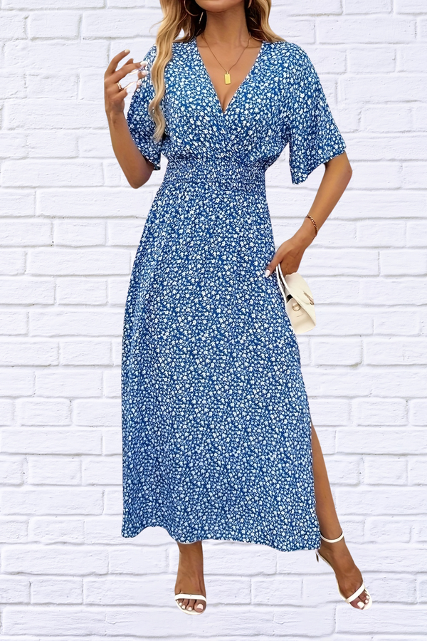 Blue Slit Ditsy Floral Surplice Short Sleeve Maxi Dress