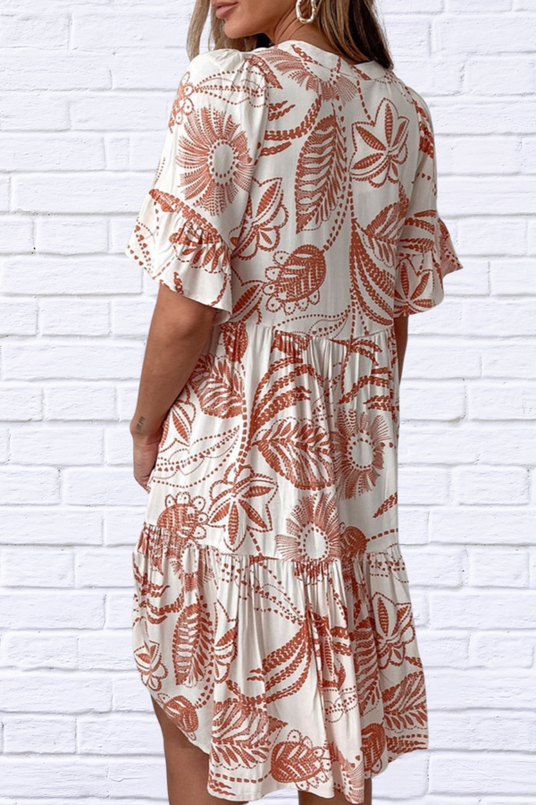 Tassel Printed Tie Neck Half Sleeve Mini Dress