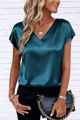 Satin V-Neck Short Sleeve Blouse