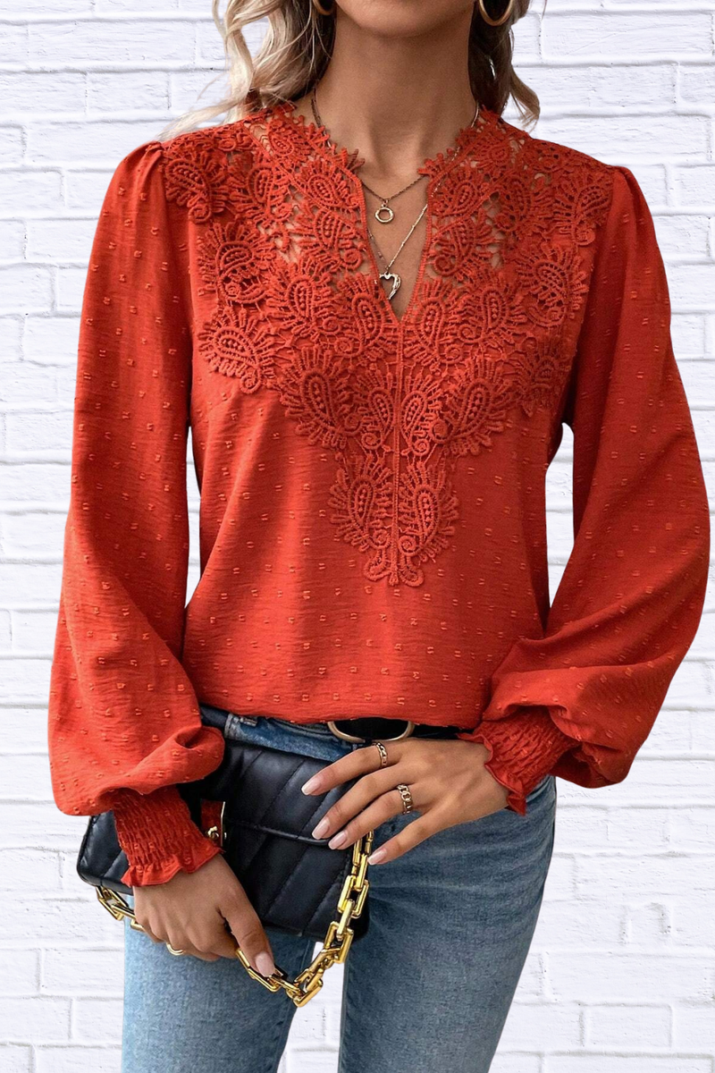 Swiss Dot Lace Detail Long Sleeve Blouse