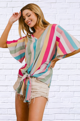 Multi Stripe Woven V Neck Top with Long Front Tie