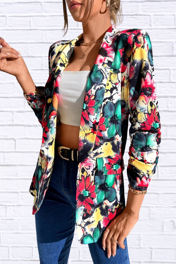 Vibrant Floral Print Open Front Blazer
