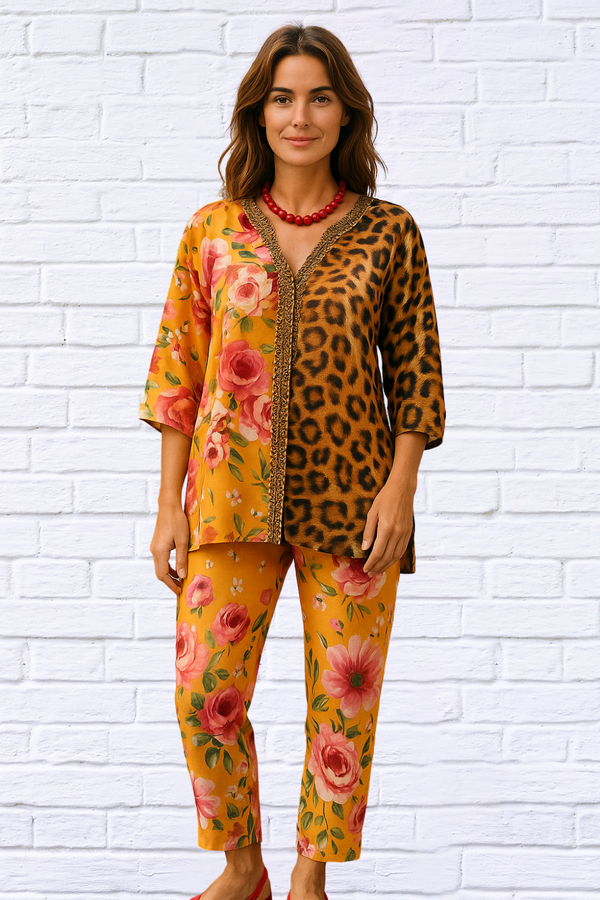 Demi Chiffon Combo Animal and Floral Blouse - Tangerine