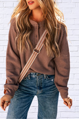 Waffle-Knit Round Neck Long Sleeve Blouse