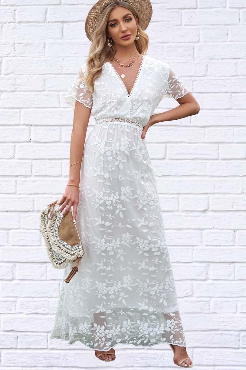 Embroidered Short Sleeve Surplice Neck Maxi Dress