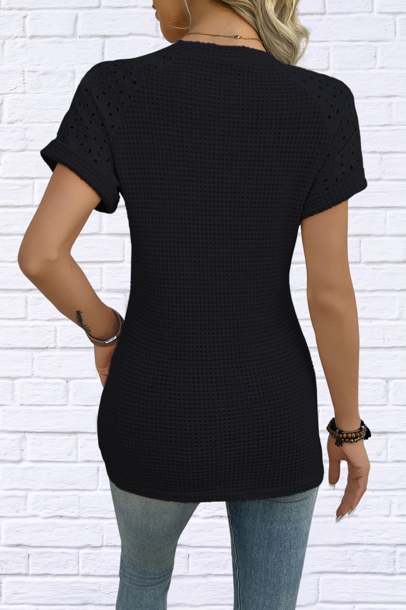 Hollow Out Waffle Knit Short Sleeve T-Shirt