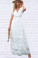 Embroidered Short Sleeve Surplice Neck Maxi Dress
