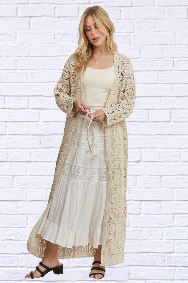 Beige Long Sleeves Crochet Elastic Cardigan