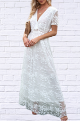 Embroidered Short Sleeve Surplice Neck Maxi Dress