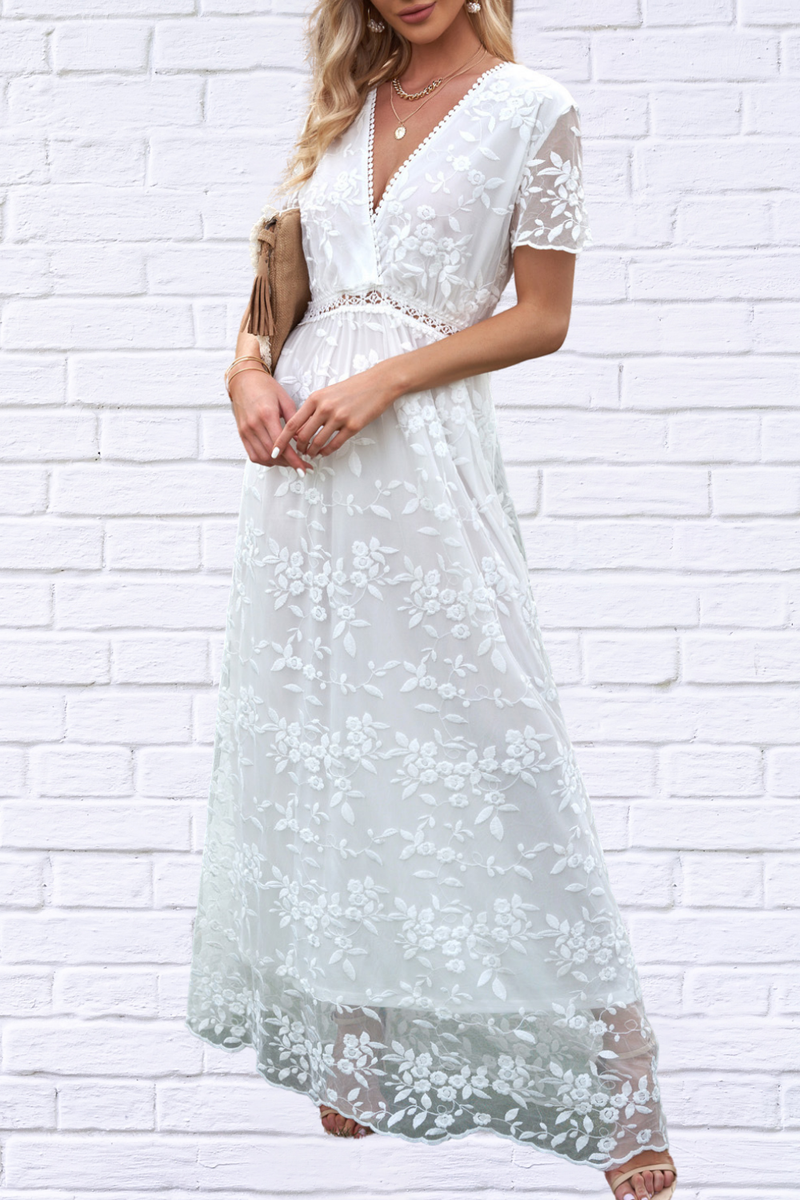 Embroidered Short Sleeve Surplice Neck Maxi Dress