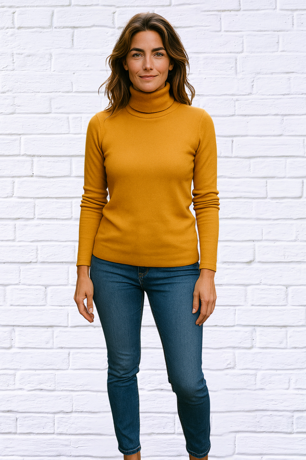 Dark Mustard Ribbed Brushed Hacci Cowl Turtleneck Long Sleeve Top