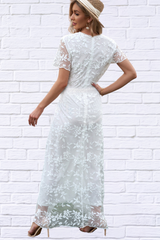 Embroidered Short Sleeve Surplice Neck Maxi Dress