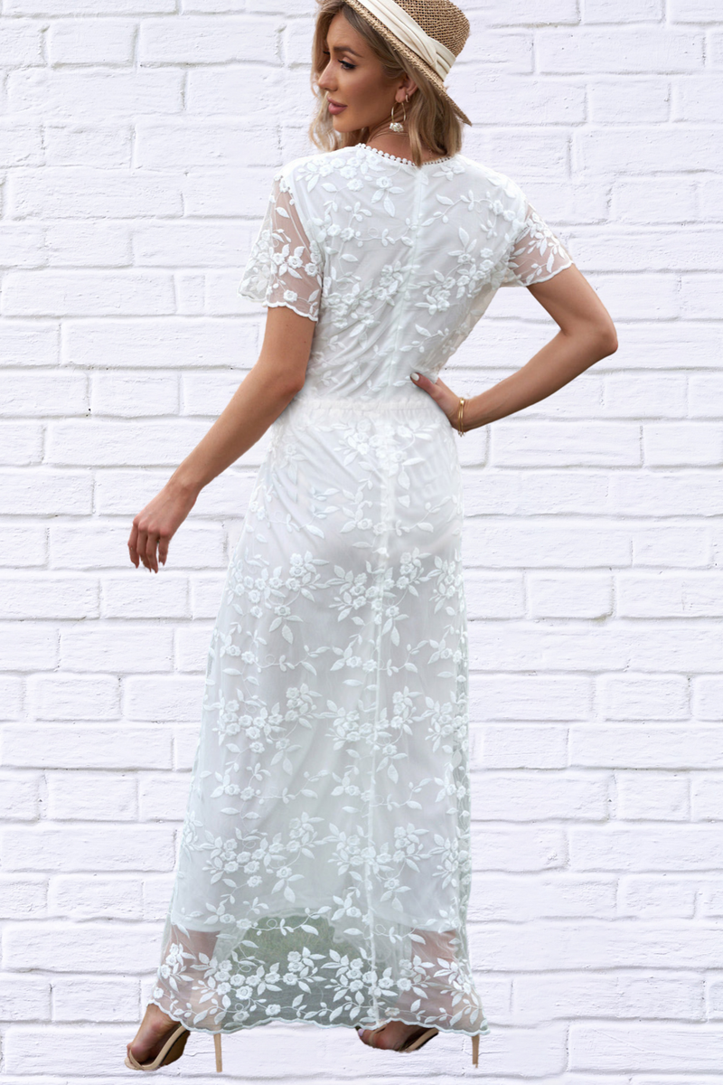 Embroidered Short Sleeve Surplice Neck Maxi Dress