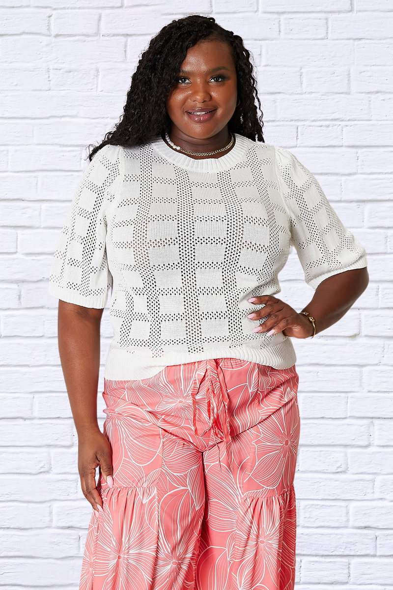 Double Take Ribbed Trim Round Neck Knit Top