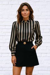 Elegant Special Black and White Striped Cross-Collar Button-Up Shirt