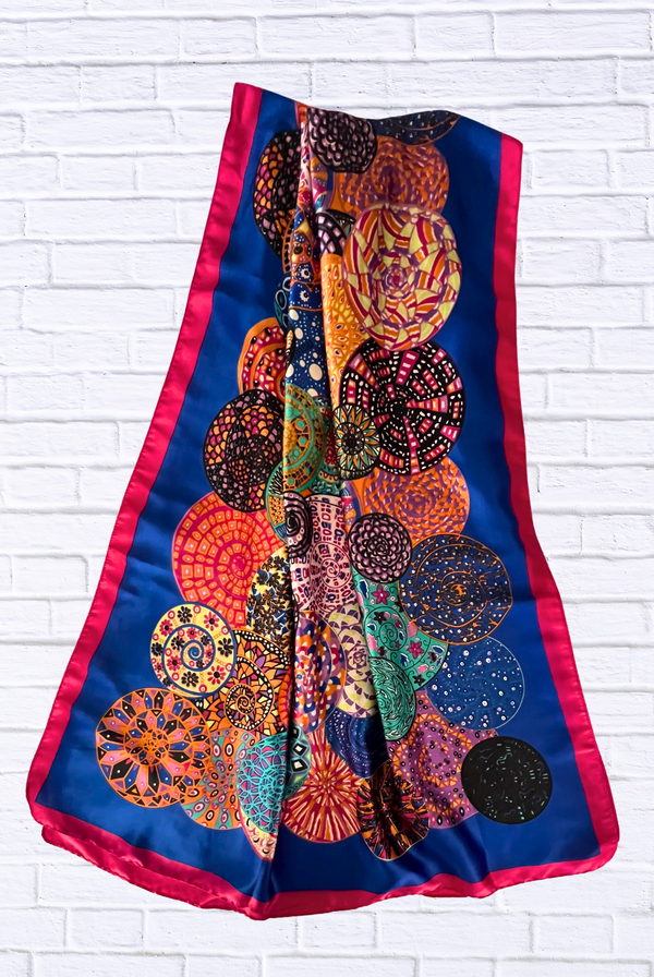 Boho Mandala Print Silk Feel Scarf – Vibrant Art-Inspired Wrap with Hot Pink Border