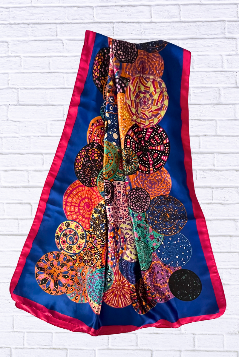 Boho Mandala Print Silk Feel Scarf – Vibrant Art-Inspired Wrap with Hot Pink Border