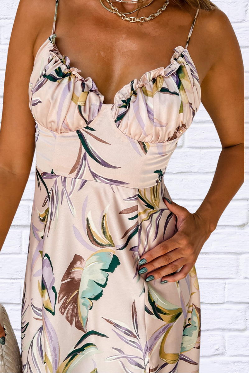 Slit Frill Pale Printed Midi Cami Dress