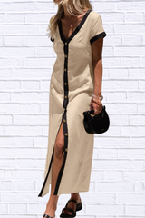Button-Front Contrast Trim Midi Dress
