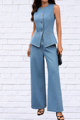 Effortless Style in One Set – Button Up Tank and Pants Denim Set