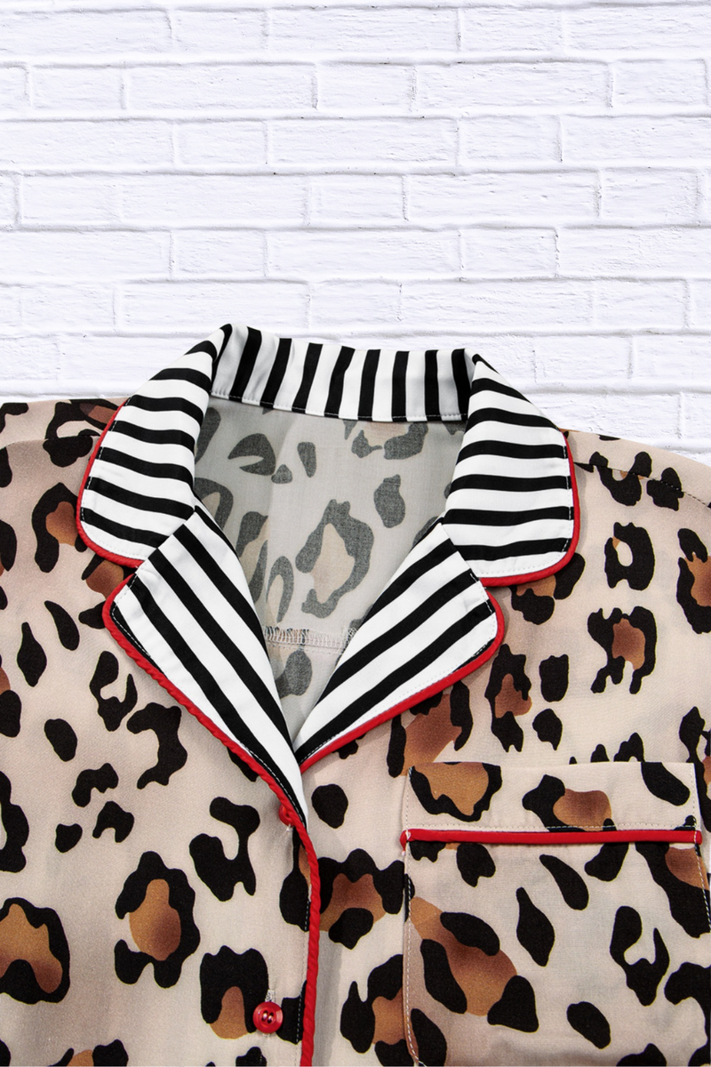 Leopard and Striped Trim Shirt and Pants Set