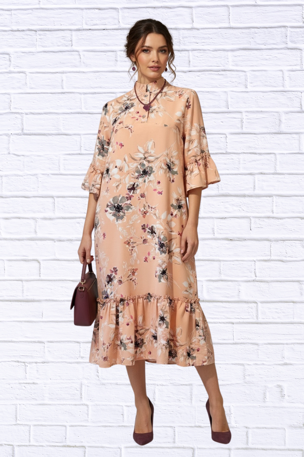 🌸 Peach Floral Ruffle Hem Midi Dress with 3/4 Sleev