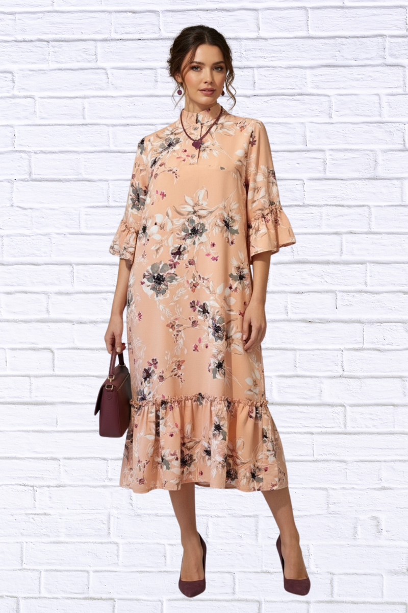 🌸 Peach Floral Ruffle Hem Midi Dress with 3/4 Sleev