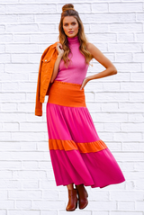 Hot Pink and Orange ColourBlock Smocked Ruffle  Maxi Skirt