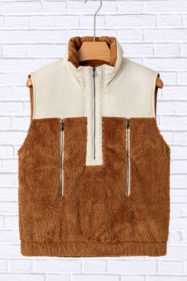 Color Block Plush Patchwork Zipper Stand Neck Vest Coat