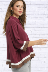Burgundy Colorblock Button-Down Shirt with Scallop Hem