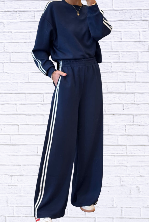 Striped Detail Crewneck Top and Elastic Sweatpants 2pcs Set