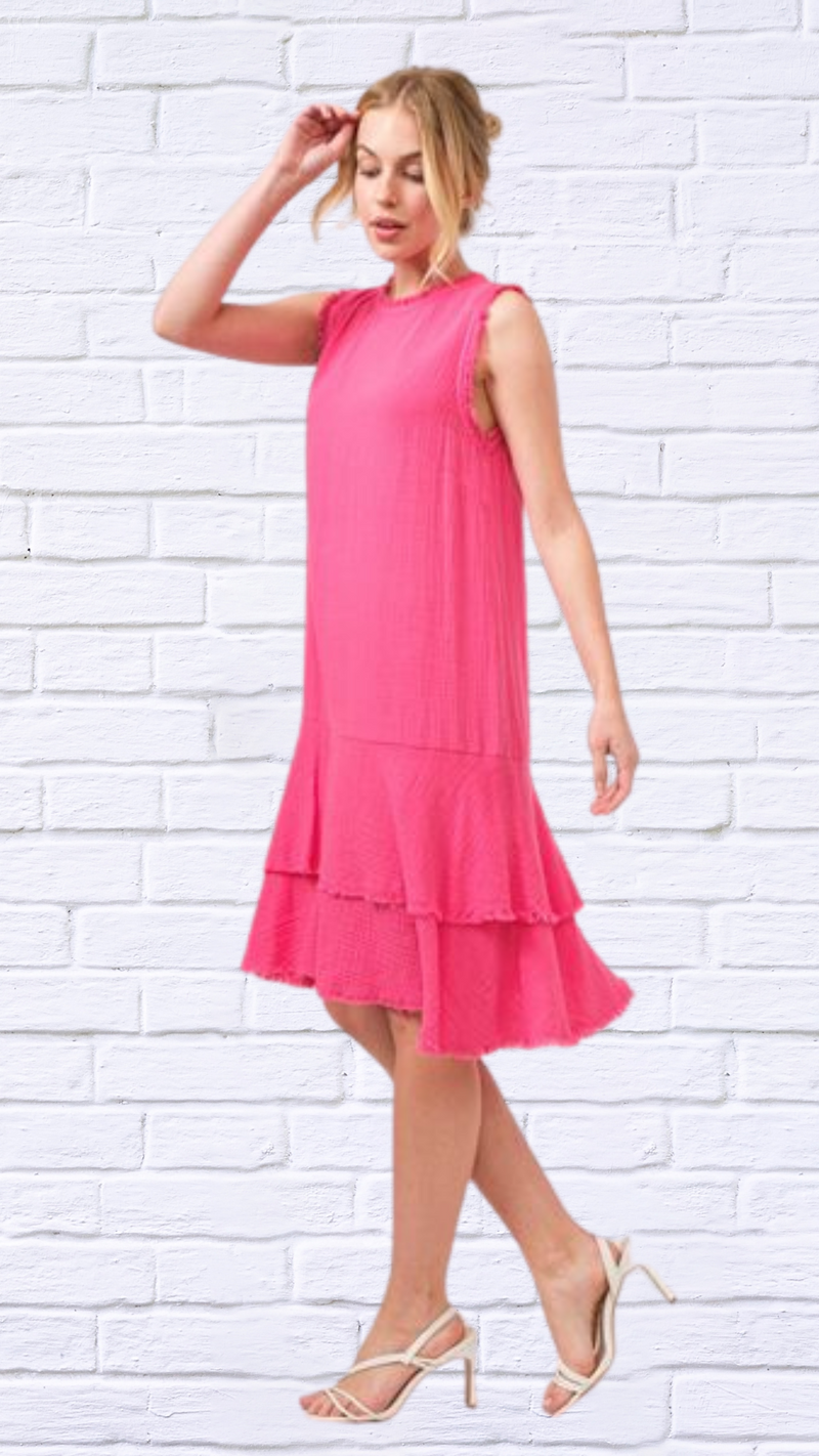 Pink  Washed Fringe Detail Tiered Dress