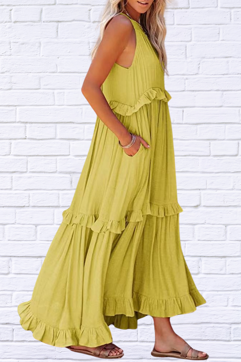 Ruffled Sleeveless Maxi Dress with Pockets