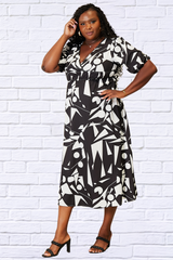 Double Take Printed Surplice Balloon Sleeve Dress