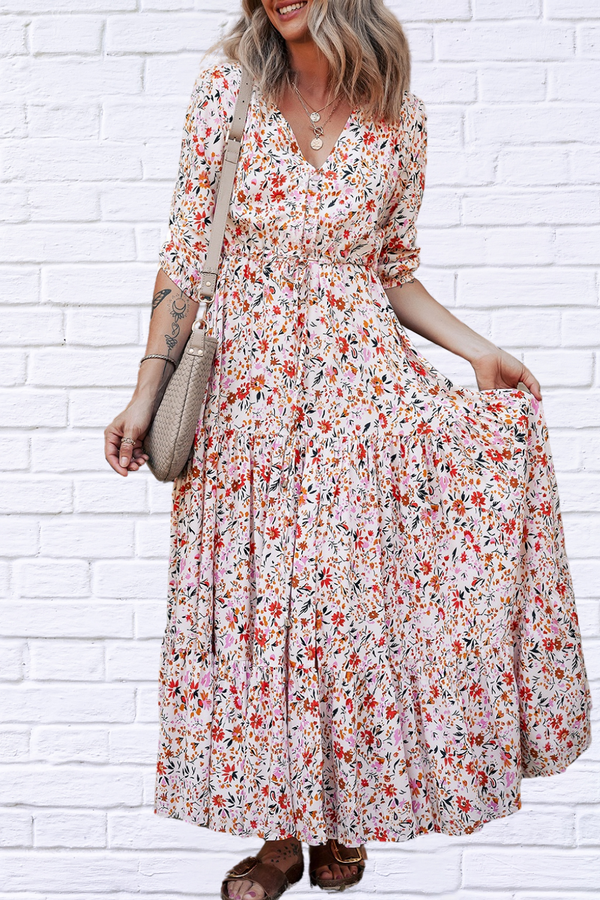 Boho Half Sleeve Floral V-Neck Maxi Dress – Free-Spirited Elegance for Every Occasion