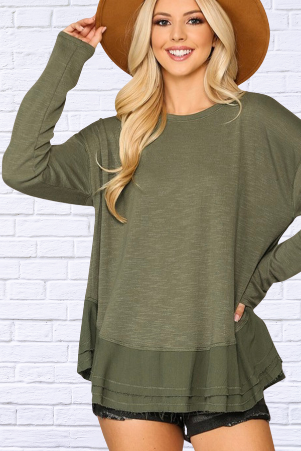 Amber Green  Long Sleeve Top - Olive Green