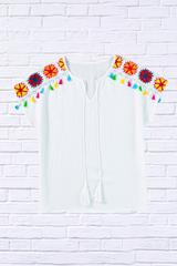 Tassel Tie Neck Short Sleeve Blouse