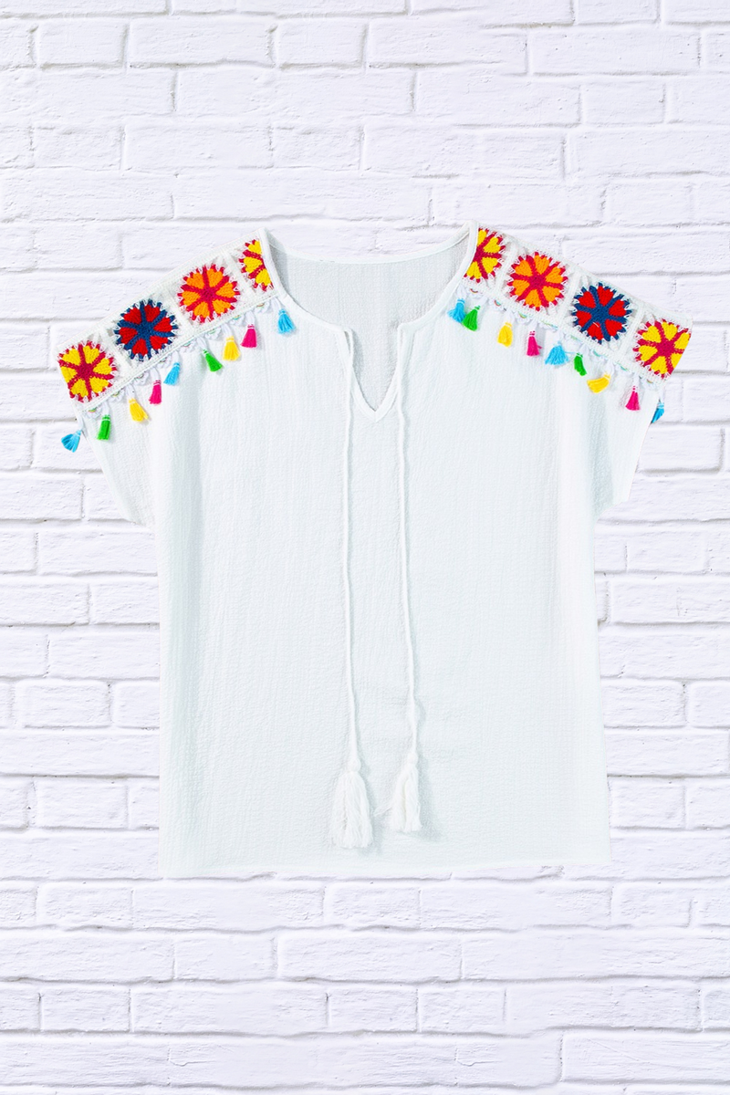 Tassel Tie Neck Short Sleeve Blouse