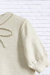 Pearl Bow Embellished Round Neck Sweater