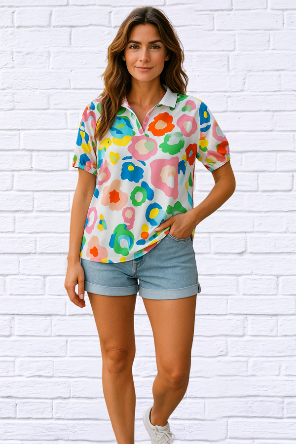 Bright Abstract Floral Polo Blouse – Multicolor