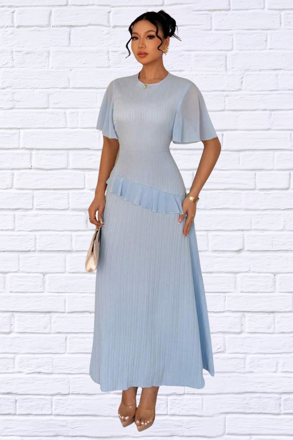 Ruffled Round Neck Flutter Sleeve Dress