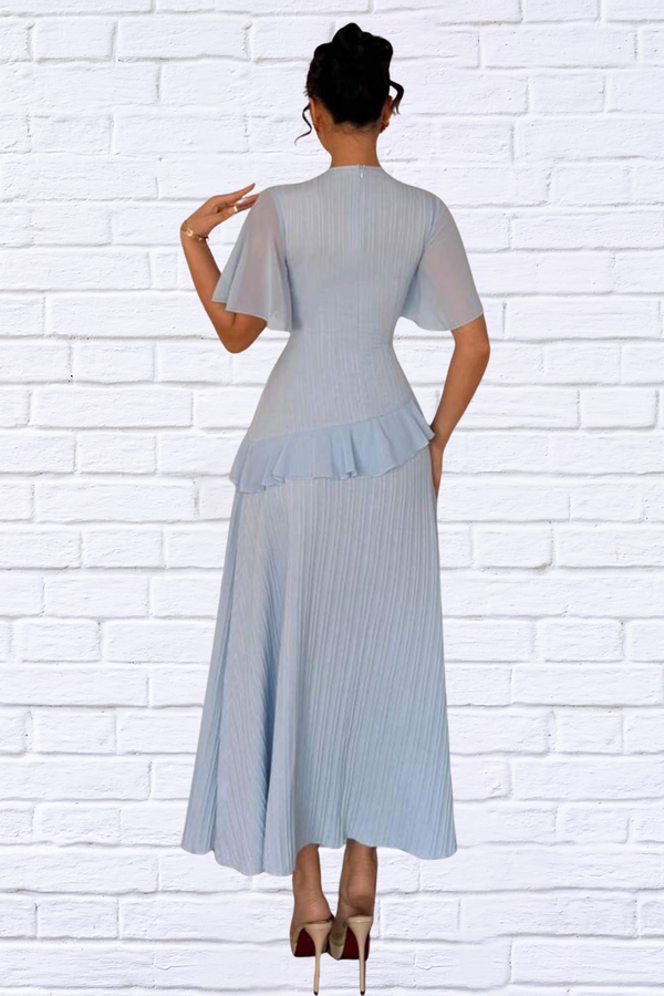 Ruffled Round Neck Flutter Sleeve Dress