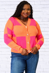 Melissa Woven Right Checkered V-Neck Dropped Shoulder Cardigan