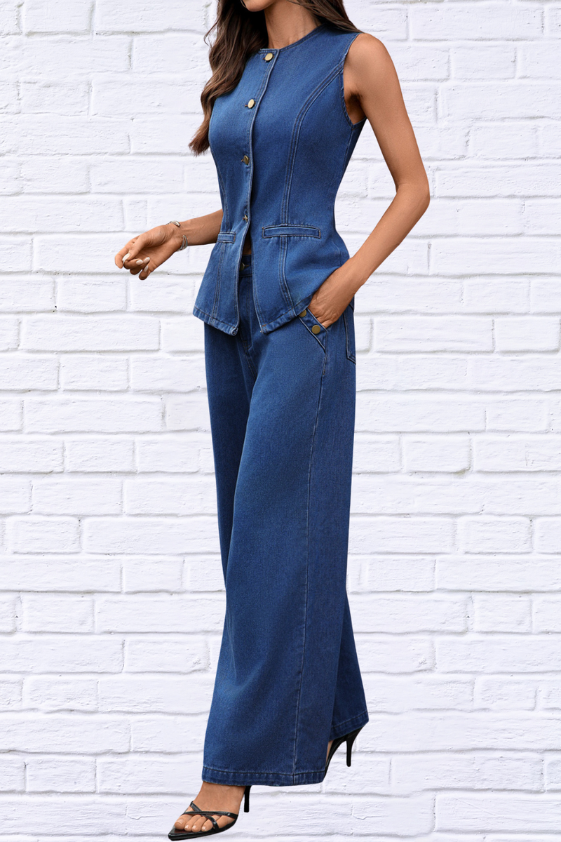 Effortless Style in One Set – Button Up Tank and Pants Denim Set