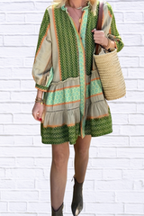 Printed Button Front Long Sleeve Dress
